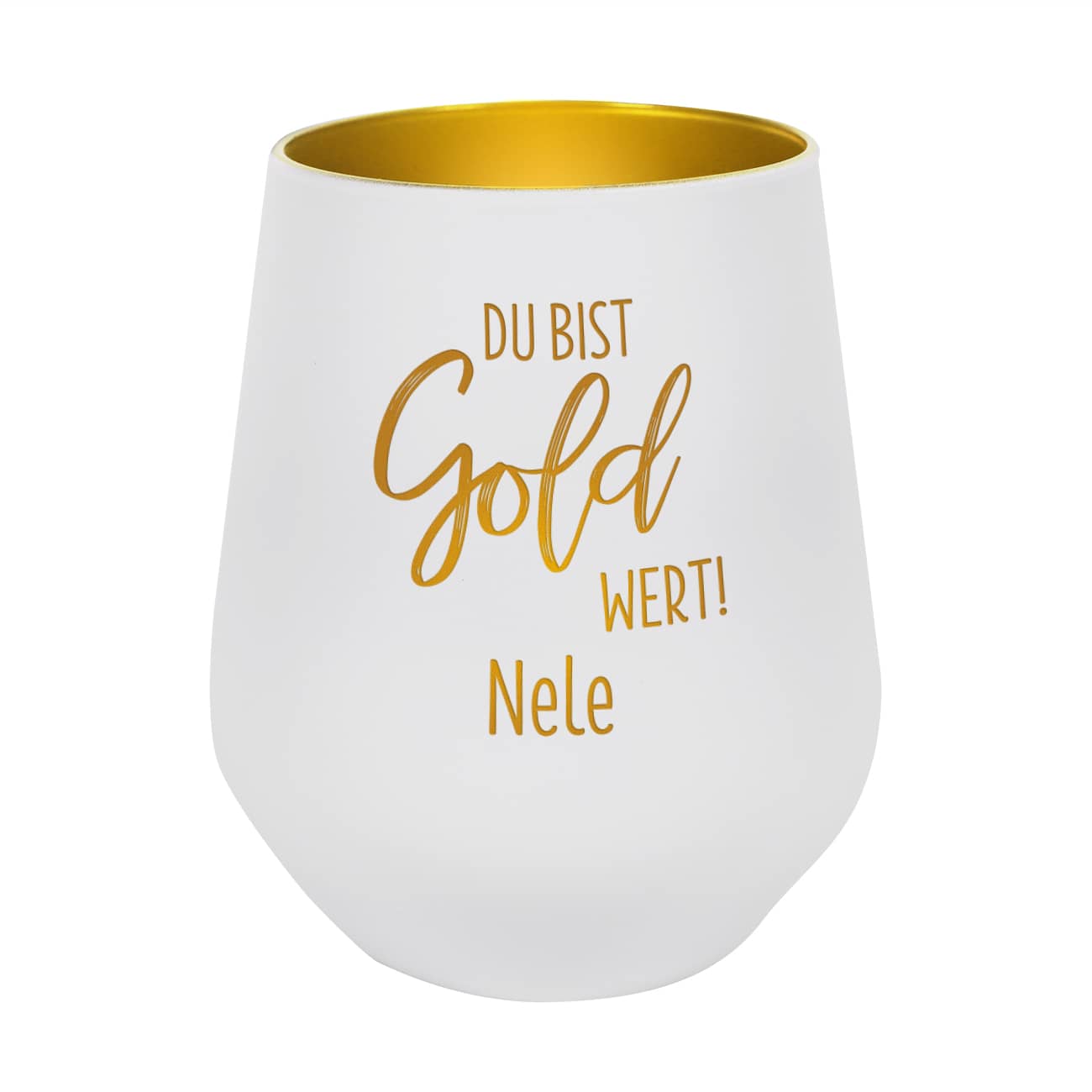 Du bist Gold wert! - Kerzenbecher aus Glas in Weiß und Gold mit Namensgravur