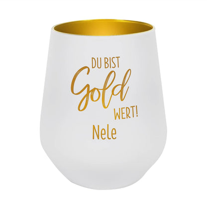 Du bist Gold wert! - Kerzenbecher aus Glas in Weiß und Gold mit Namensgravur