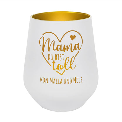 Mama du bist toll - Windlicht zum Muttertag in weiß und gold mit Ihrem Wunschtext