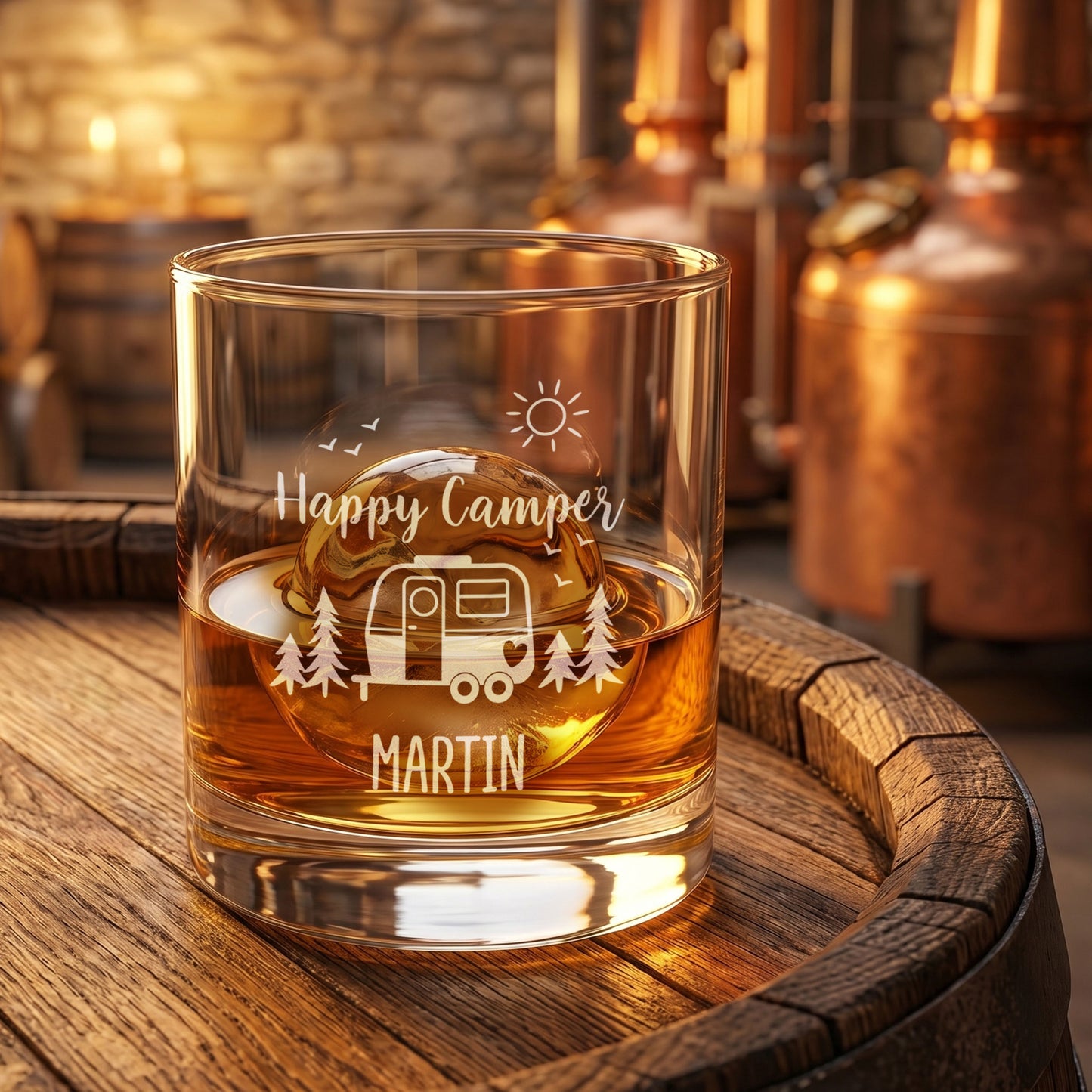 Whiskyglas mit Wohnwagen-Gravur, Sonne, Tannen und personalisiertem Text Martin auf Holzfass