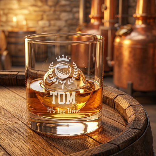 Personalisiertes Whiskyglas mit Golfball-Motiv, Name Tom und Wunschtext It’s Tee Time auf Holzfass