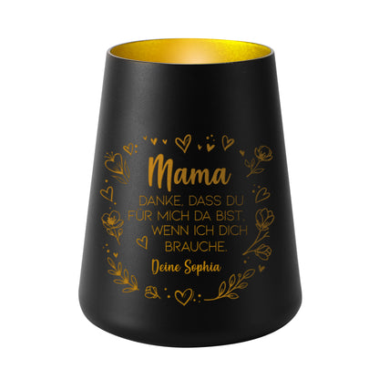 Personalisiertes schwarzes Windlicht mit goldener Innenseite und Gravur Mama mit Name und Spruch