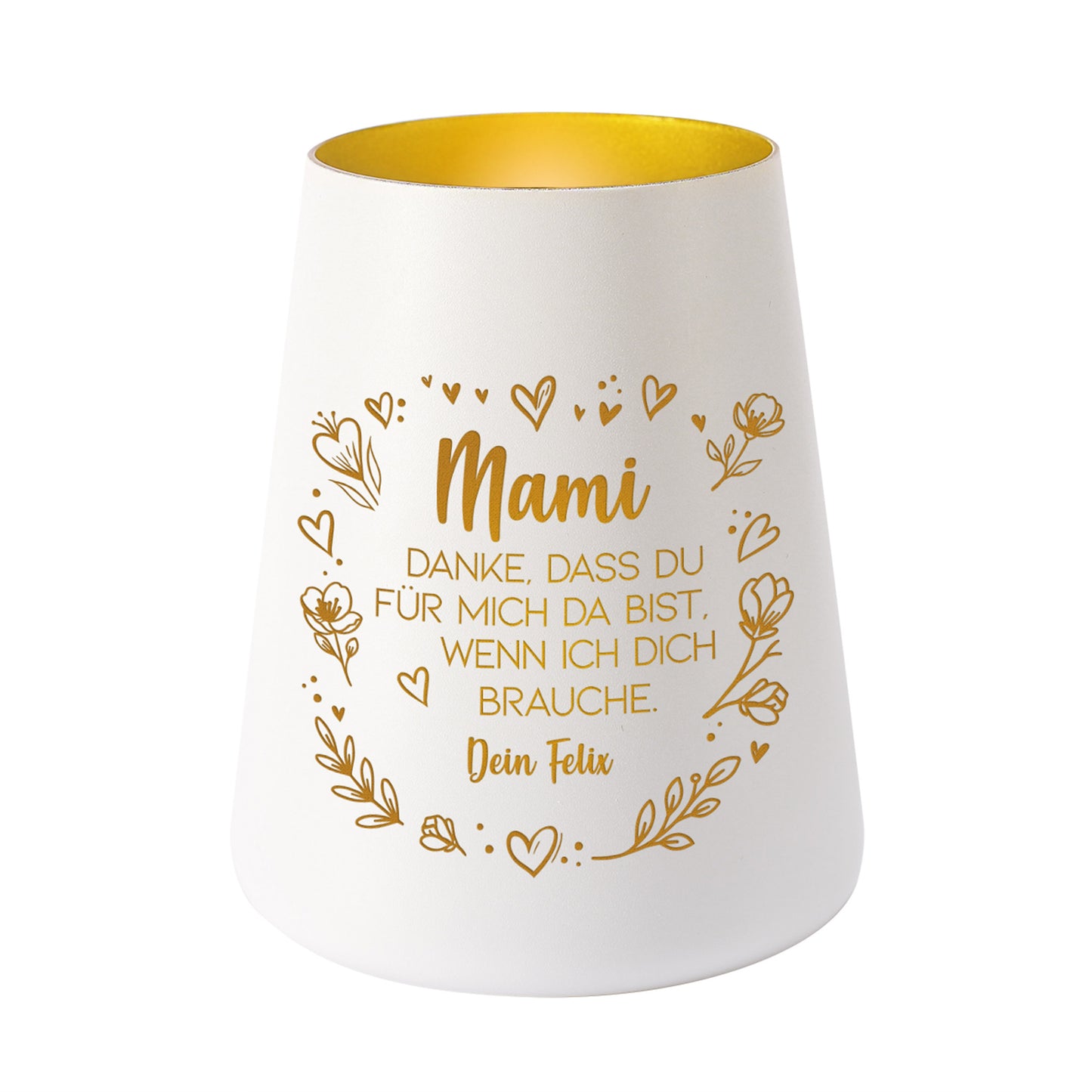 Weißes Teelichtglas mit Gravur Mami und personalisiertem Namen Felix