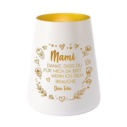 Weißes Teelichtglas mit Gravur Mami und personalisiertem Namen Felix