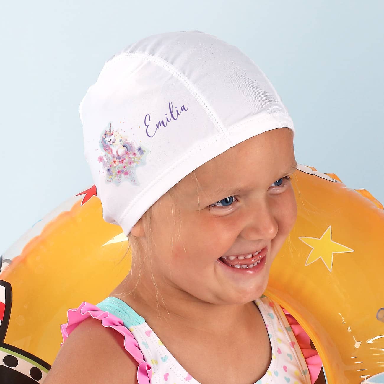 Kinderbadekappe mit Einhorn-Motiv und Name bedruckt