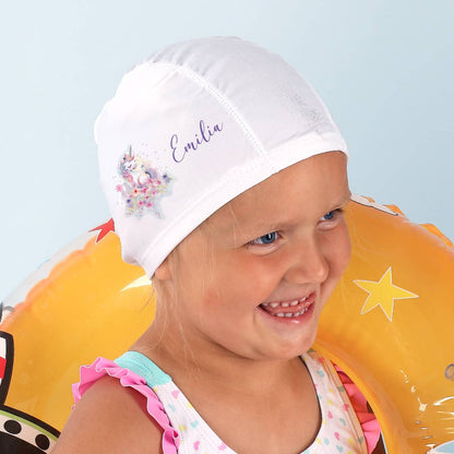 Kinderbadekappe mit Einhorn-Motiv und Name bedruckt
