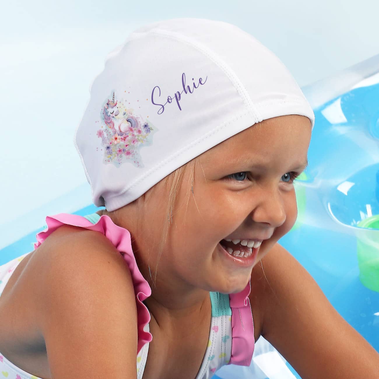 Kinderbadekappe mit Einhorn-Motiv und Name bedruckt