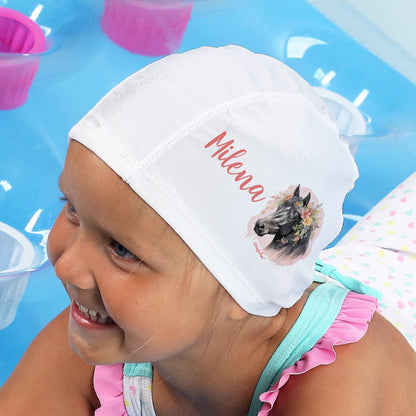 Kinderbadekappe mit Pferde-Motiv und Name bedruckt
