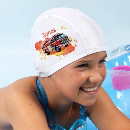 Kinderbadekappe mit Feuerwehrauto-Motiv und Name bedruckt