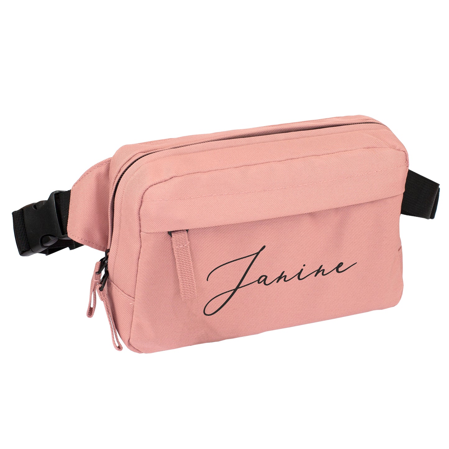 Altrosa Bauchtasche mit Name Janine, personalisierte Tasche auf weißem Hintergrund