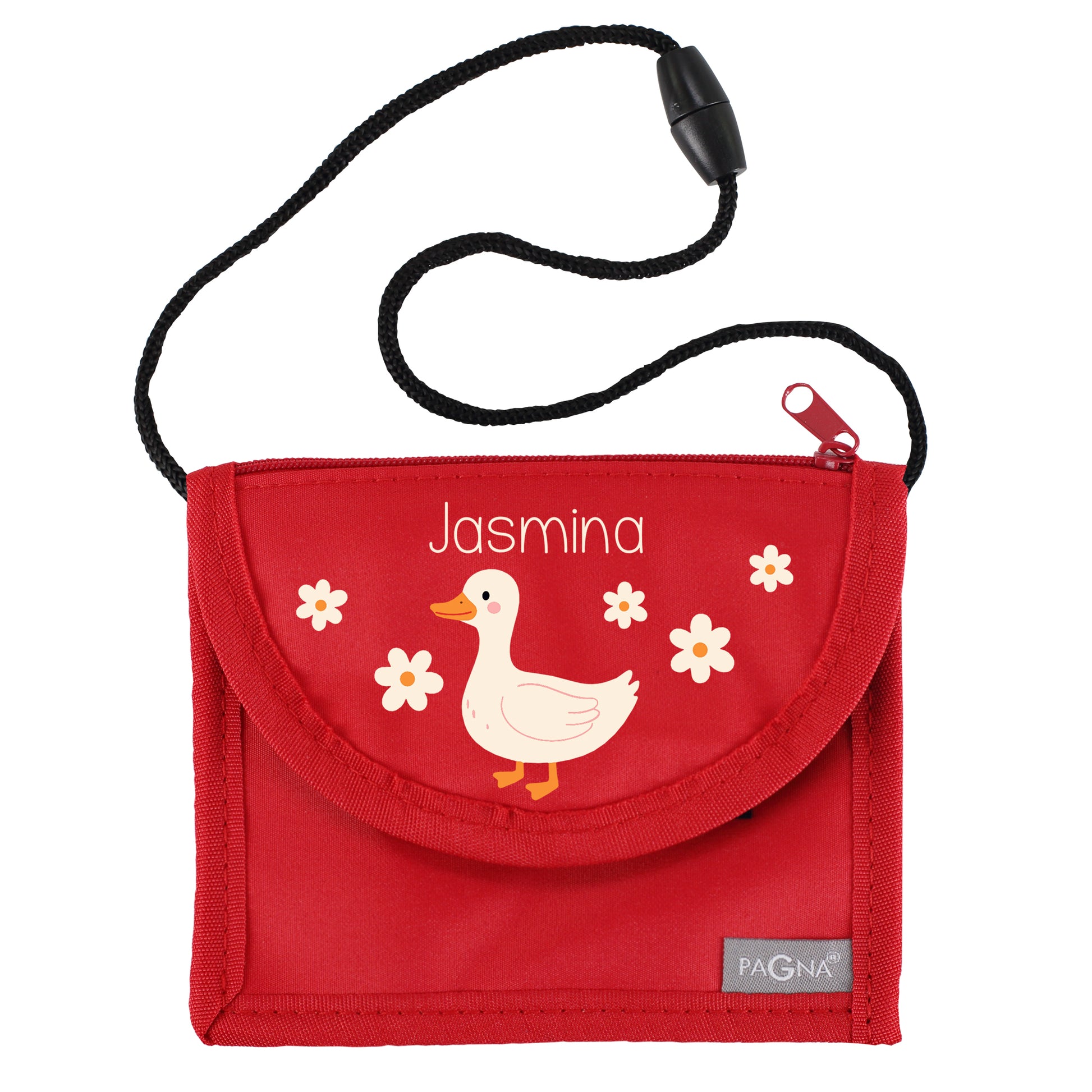 Roter Brustbeutel mit Name Jasmina und Enten-Motiv freigestellt auf weißem Hintergrund