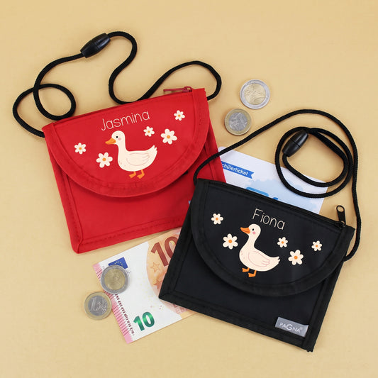 Roter und schwarzer Brustbeutel mit personalisiertem Enten-Motiv, Geld und Schülerticket