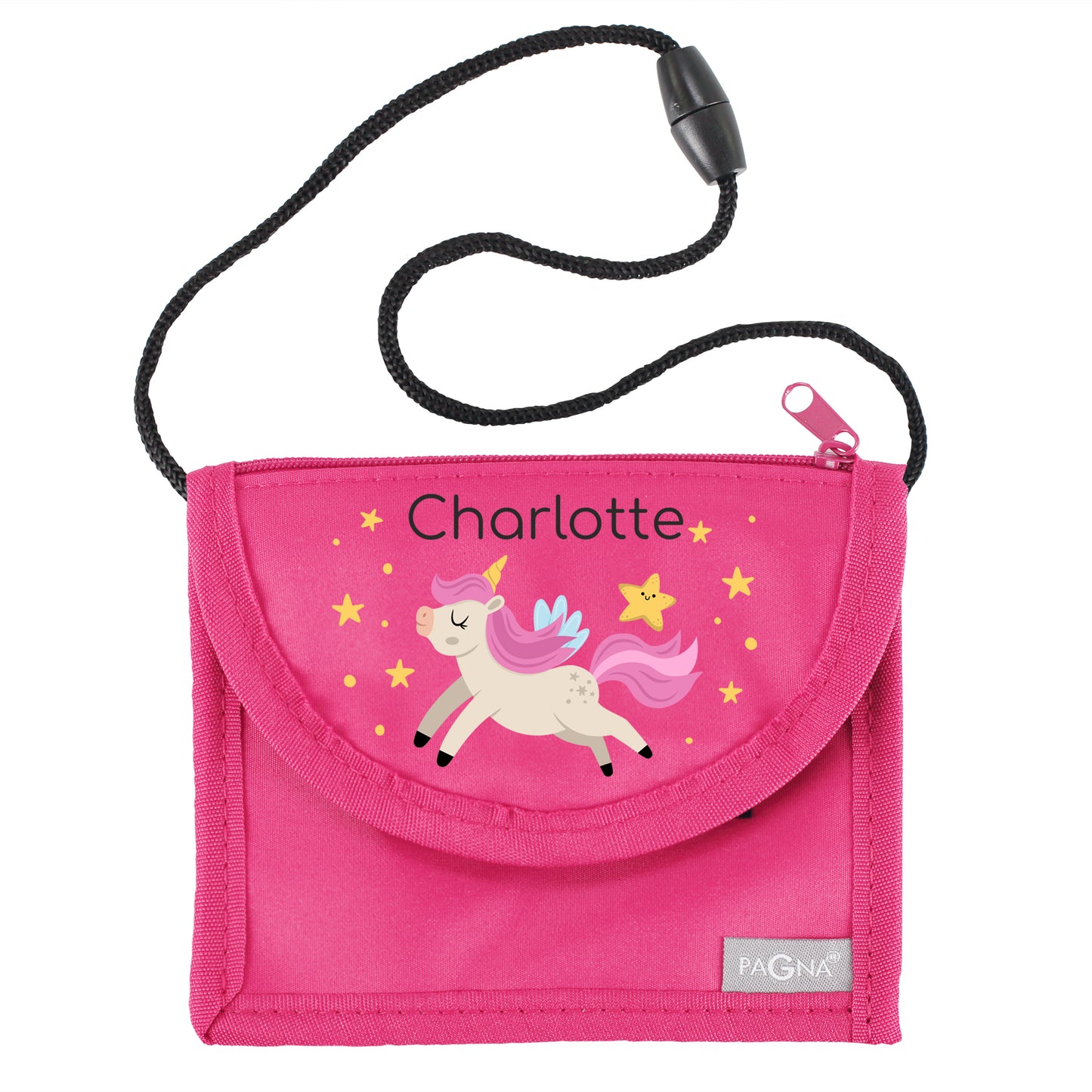 Pinker personalisierter Brustbeutel mit Name Charlotte und Einhorn-Motiv freigestellt auf weißem Hintergrund