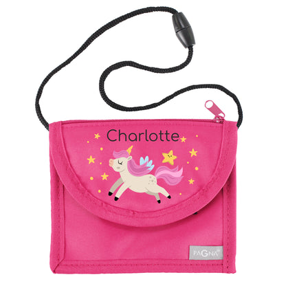 Pinker personalisierter Brustbeutel mit Name Charlotte und Einhorn-Motiv freigestellt auf weißem Hintergrund