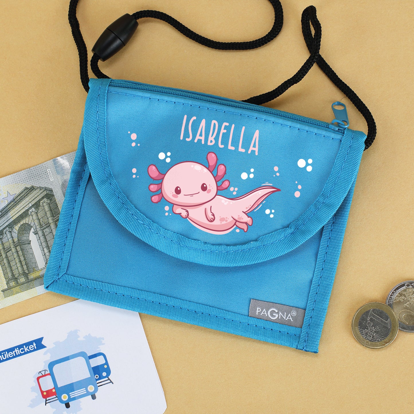 Blauer Brustbeutel mit Name Isabella, Axolotl-Motiv, Geld und Schülerticket