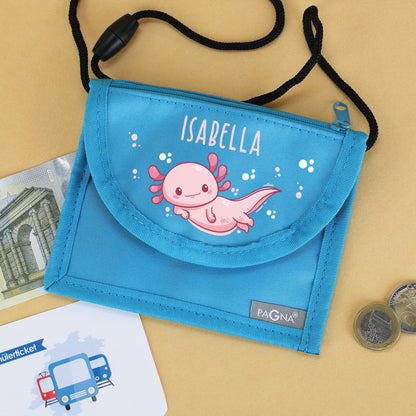 Blauer Brustbeutel mit Name Isabella, Axolotl-Motiv, Geld und Schülerticket
