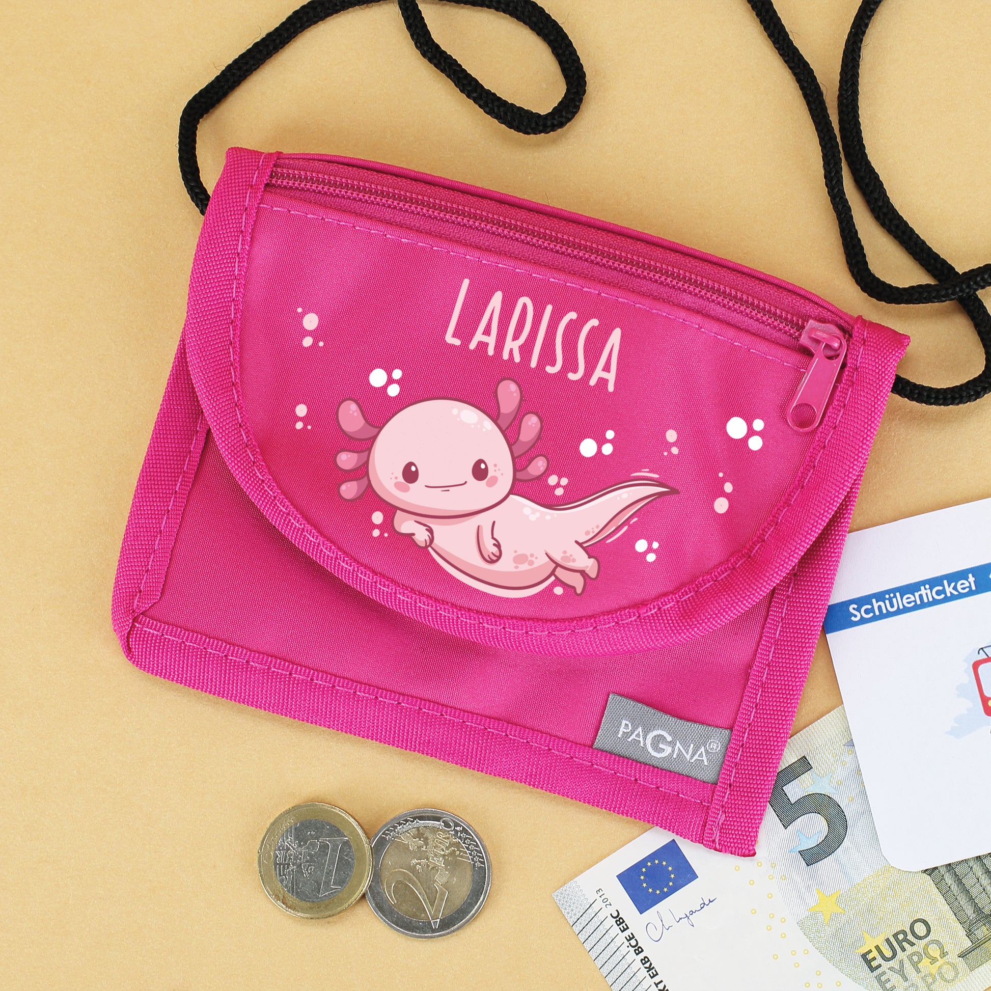 Pinker Brustbeutel mit Name Larissa, Axolotl-Motiv, Geld und Schülerticket