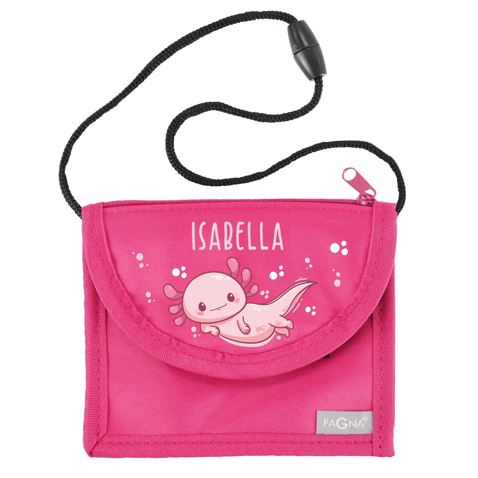 Pinker Brustbeutel mit Name Isabella und Axolotl-Motiv freigestellt auf weißem Hintergrund
