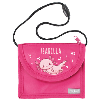 Pinker Brustbeutel mit Name Isabella und Axolotl-Motiv freigestellt auf weißem Hintergrund