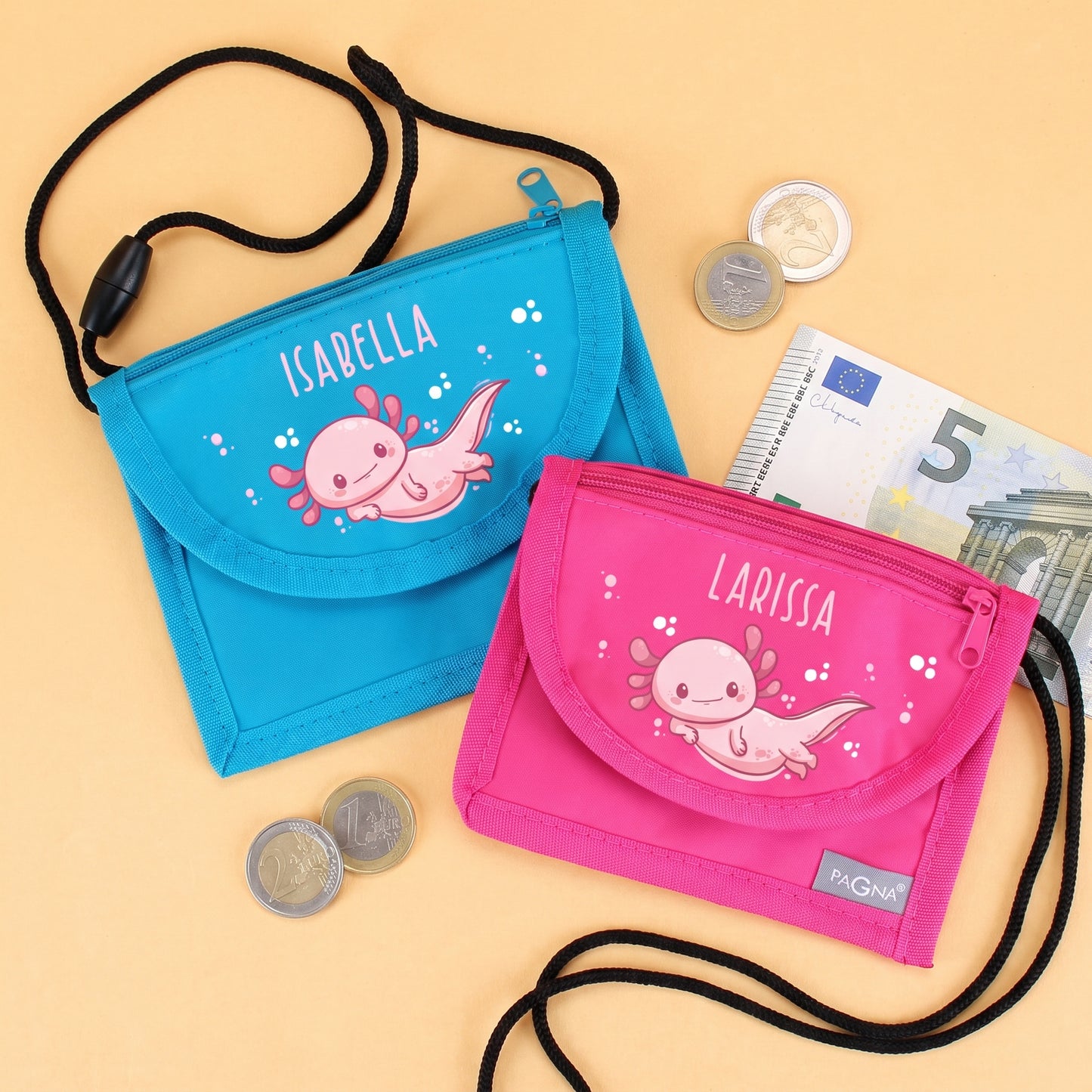 Blauer und pinker Brustbeutel mit personalisiertem Axolotl-Motiv, Geld und Umhängeband