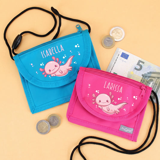 Blauer und pinker Brustbeutel mit personalisiertem Axolotl-Motiv, Geld und Umhängeband