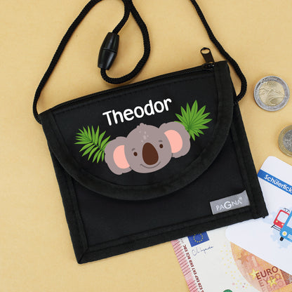 Schwarzer Brustbeutel mit Name Theodor, Koala-Motiv, Geld und Schülerticket