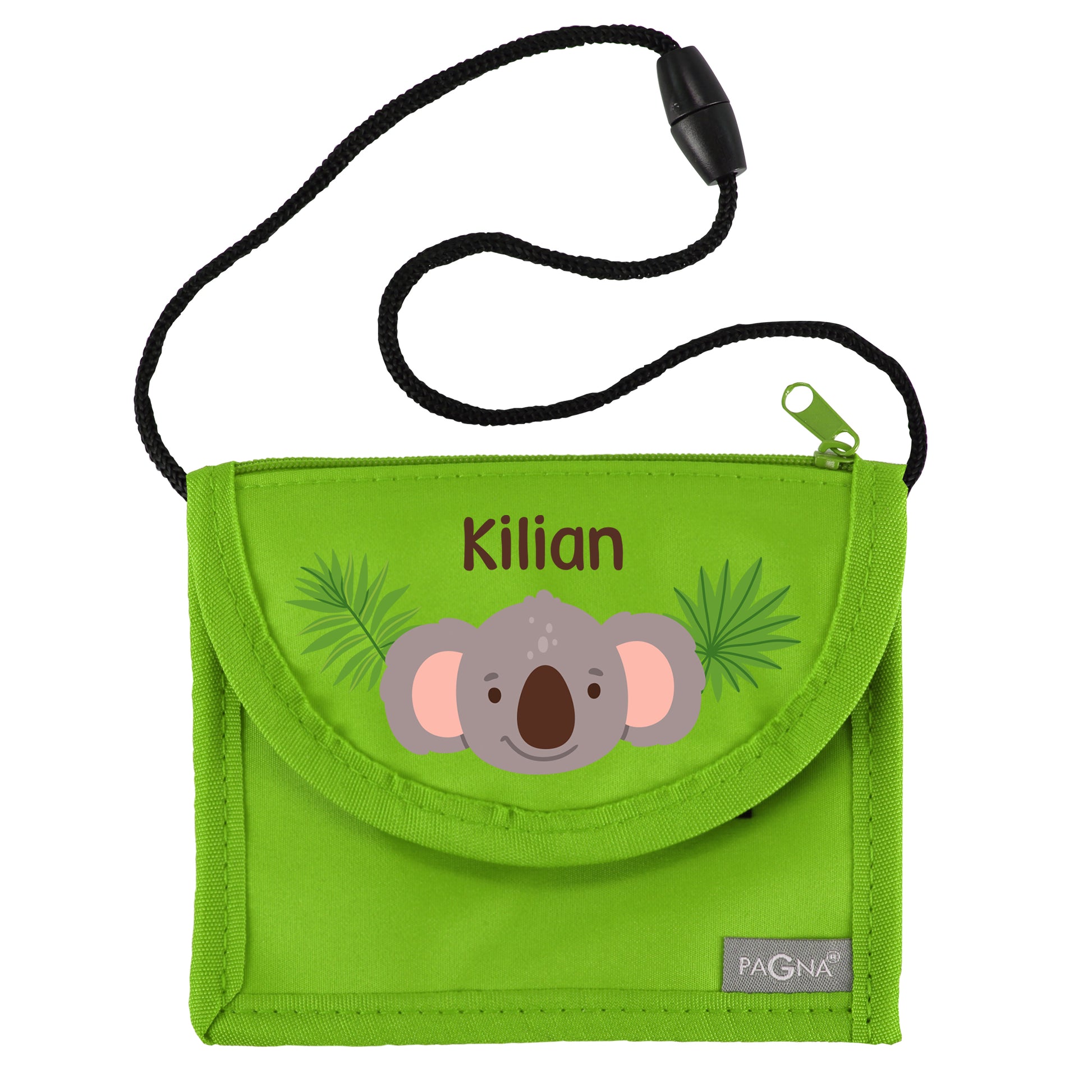 Grüner Brustbeutel mit Name Kilian und Koala-Motiv freigestellt auf weißem Hintergrund