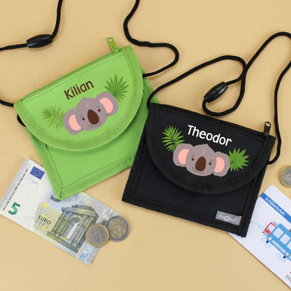 Grüner und schwarzer Brustbeutel mit personalisiertem Koala-Motiv, Geld und Schülerticket