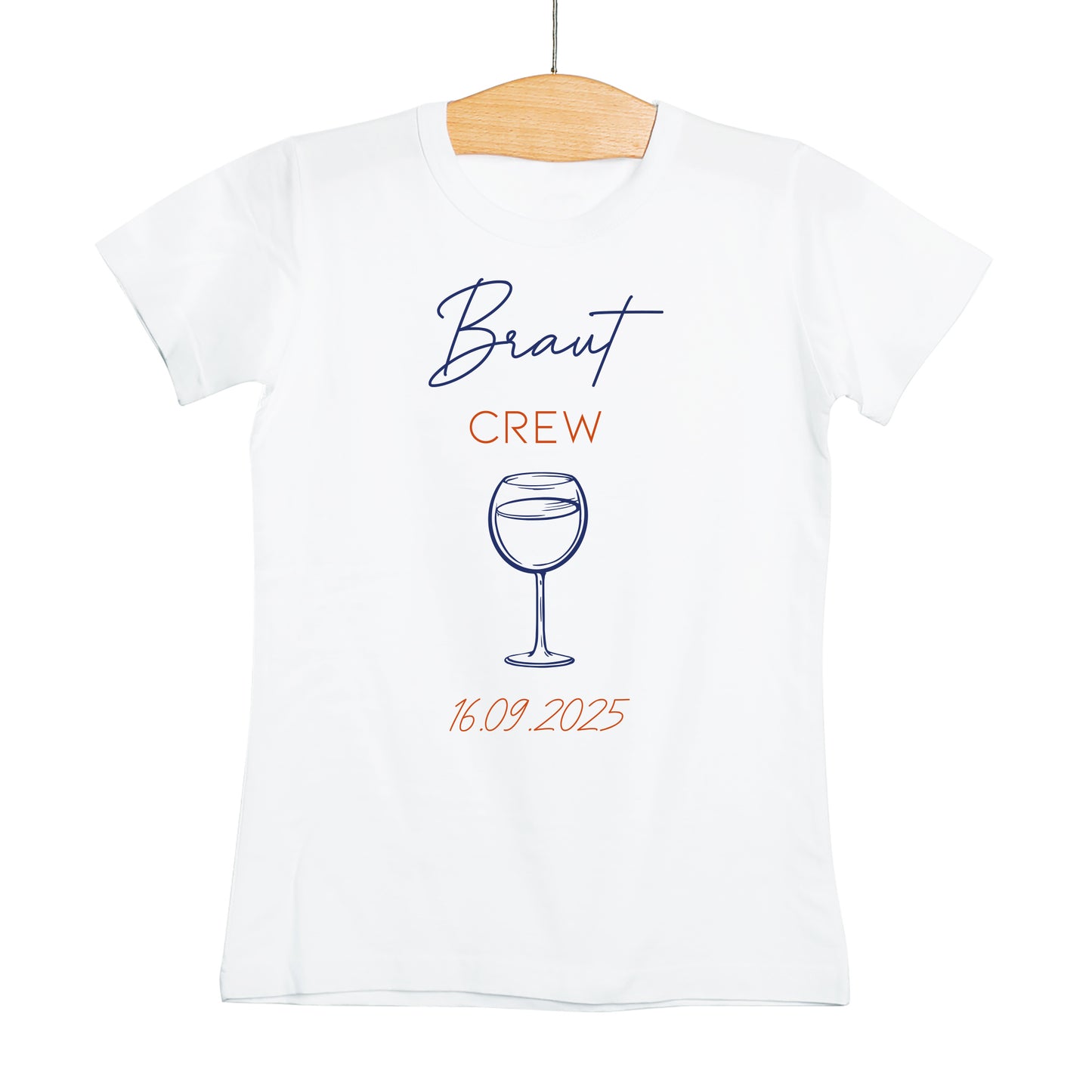 Weißes T-Shirt mit der Aufschrift „Braut Crew“ in Blau und Orange, Motiv: Weinglas mit Datum 16.09.2025 – ideal für den JGA.