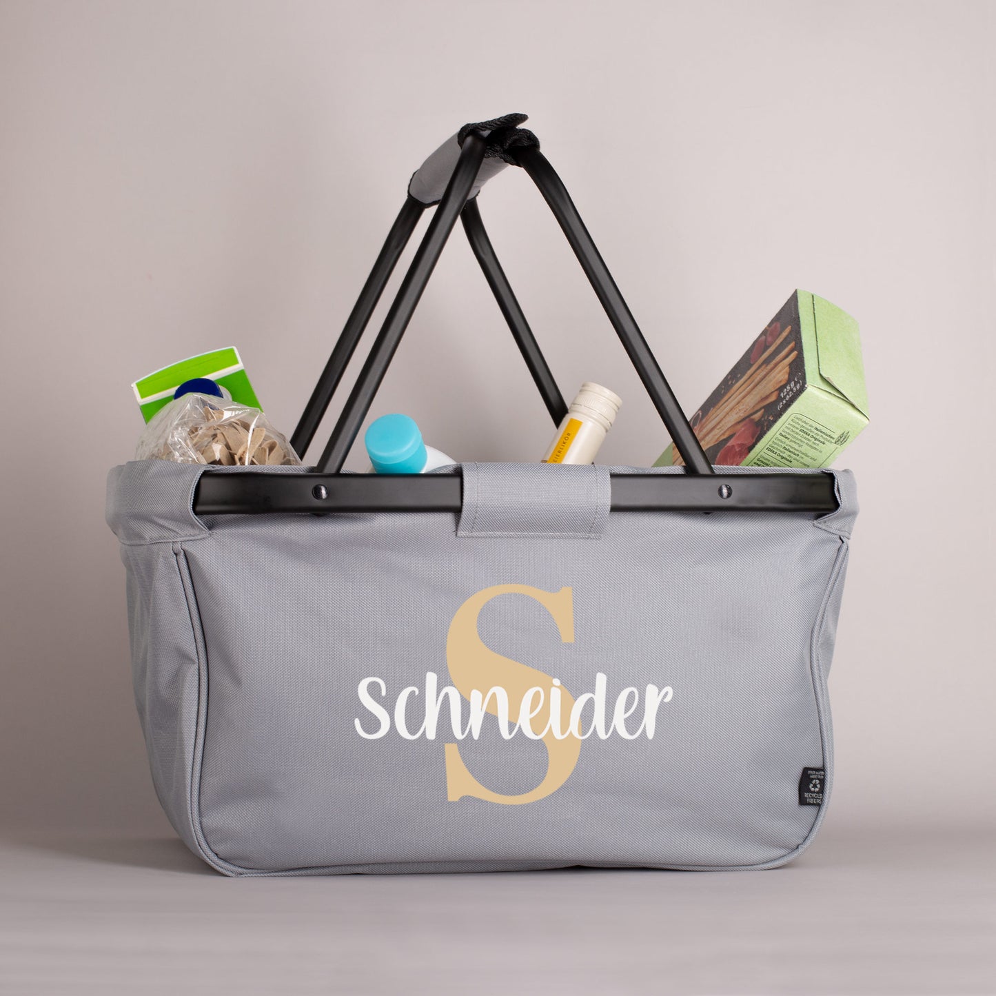 Persönlicher Einkaufskorb mit Initial und Wunschtext bedruckt - klappbar