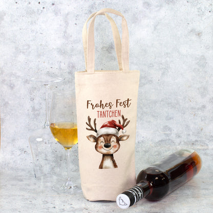 Flaschentasche mit Rentier Motiv und Wunschname als Weihnachtsgeschenk für Flaschen