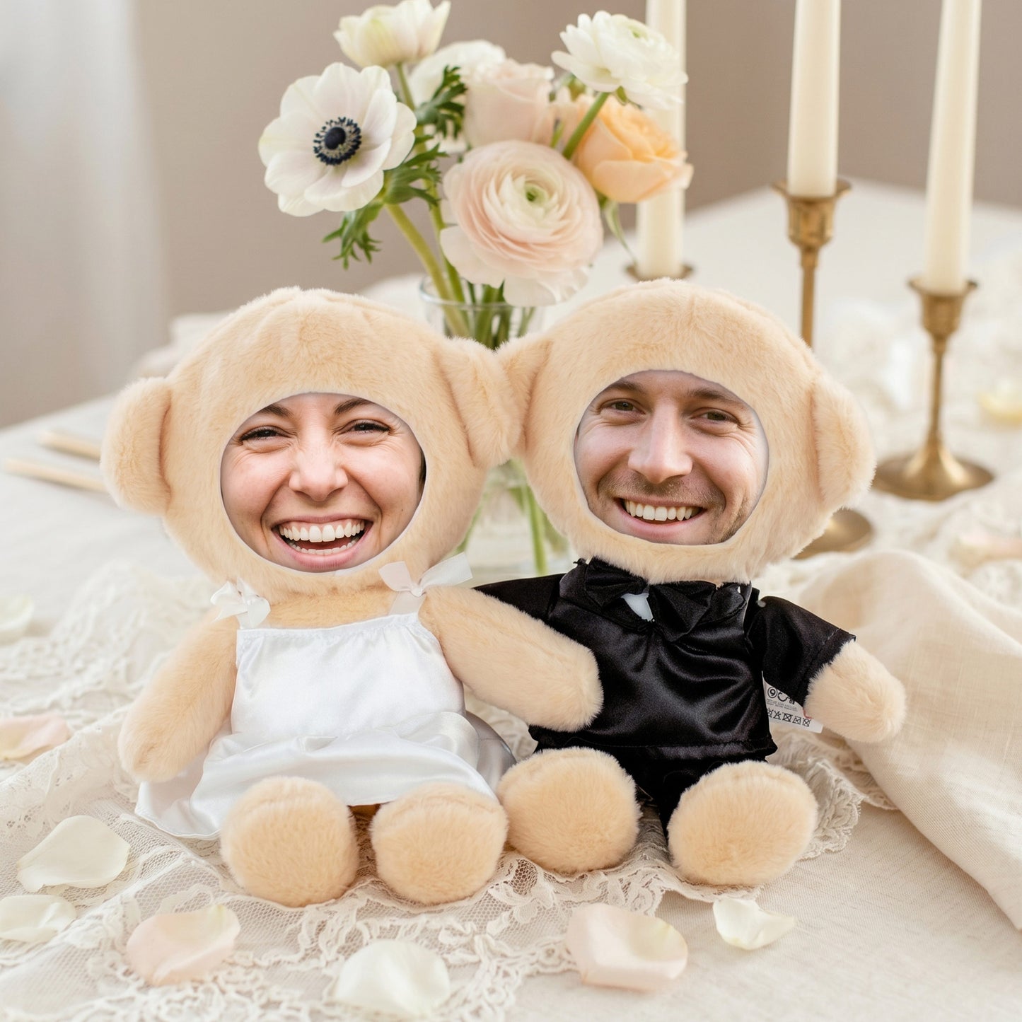 Kuscheltiere Braut und Bräutigam mit Fotogesichtern bedruckt