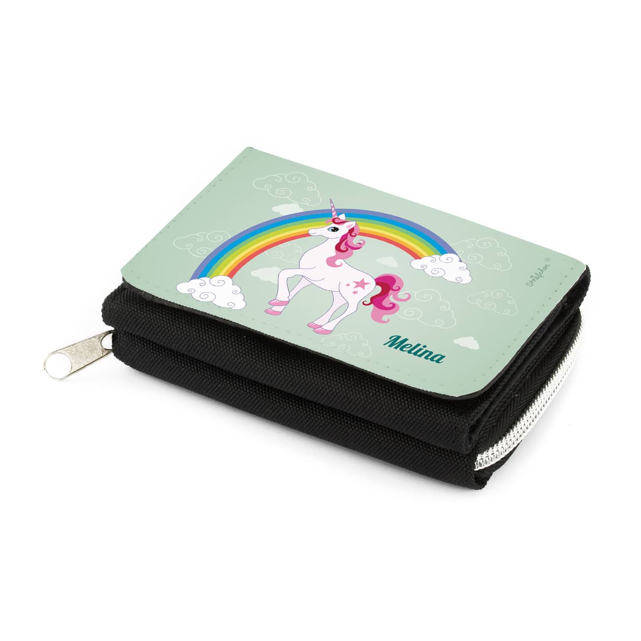 personalisierte Geldbörse für Kinder in schwarz mit Einhorn