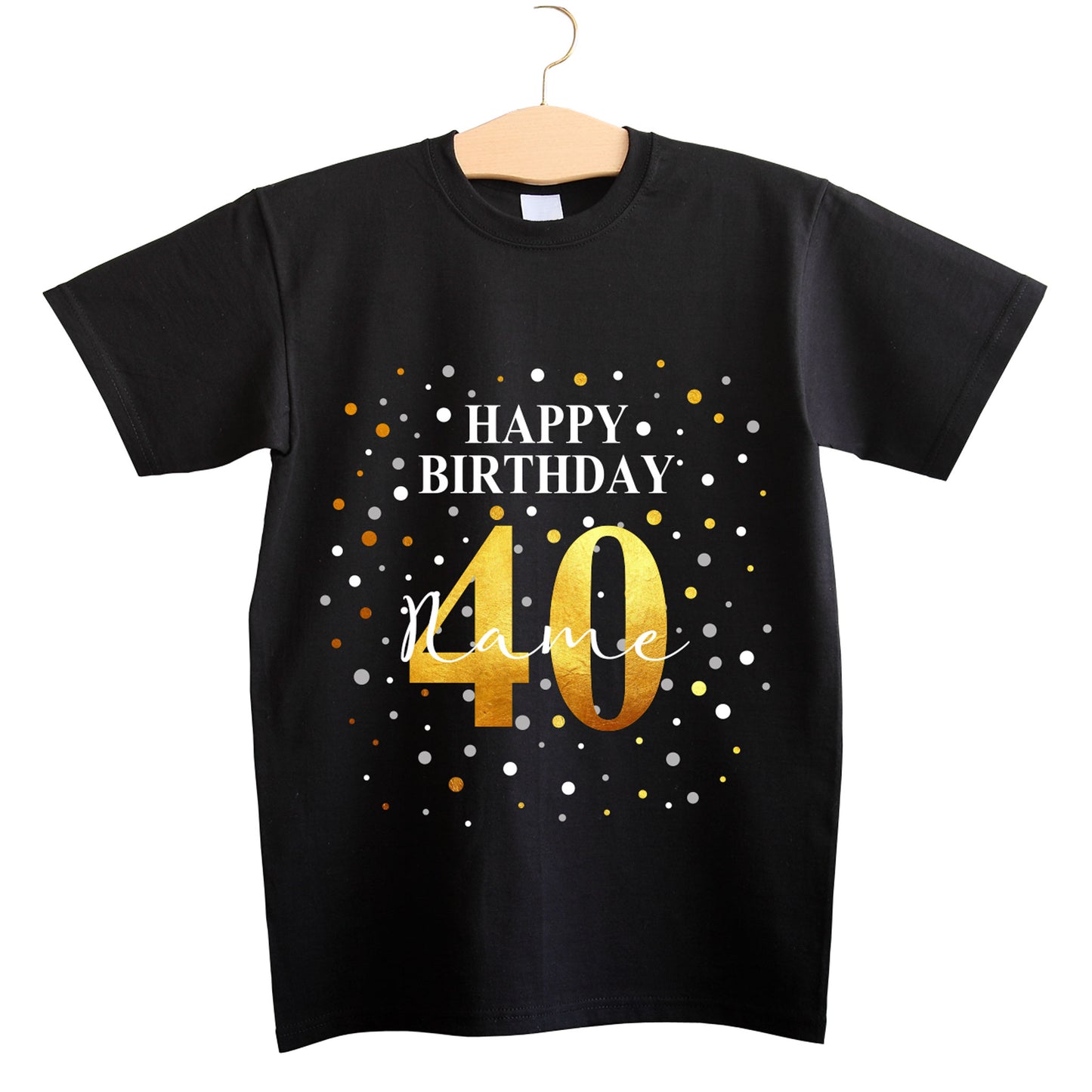 Schwarzes T-Shirt mit goldener 40 und Konfetti, Name individuell personalisierbar