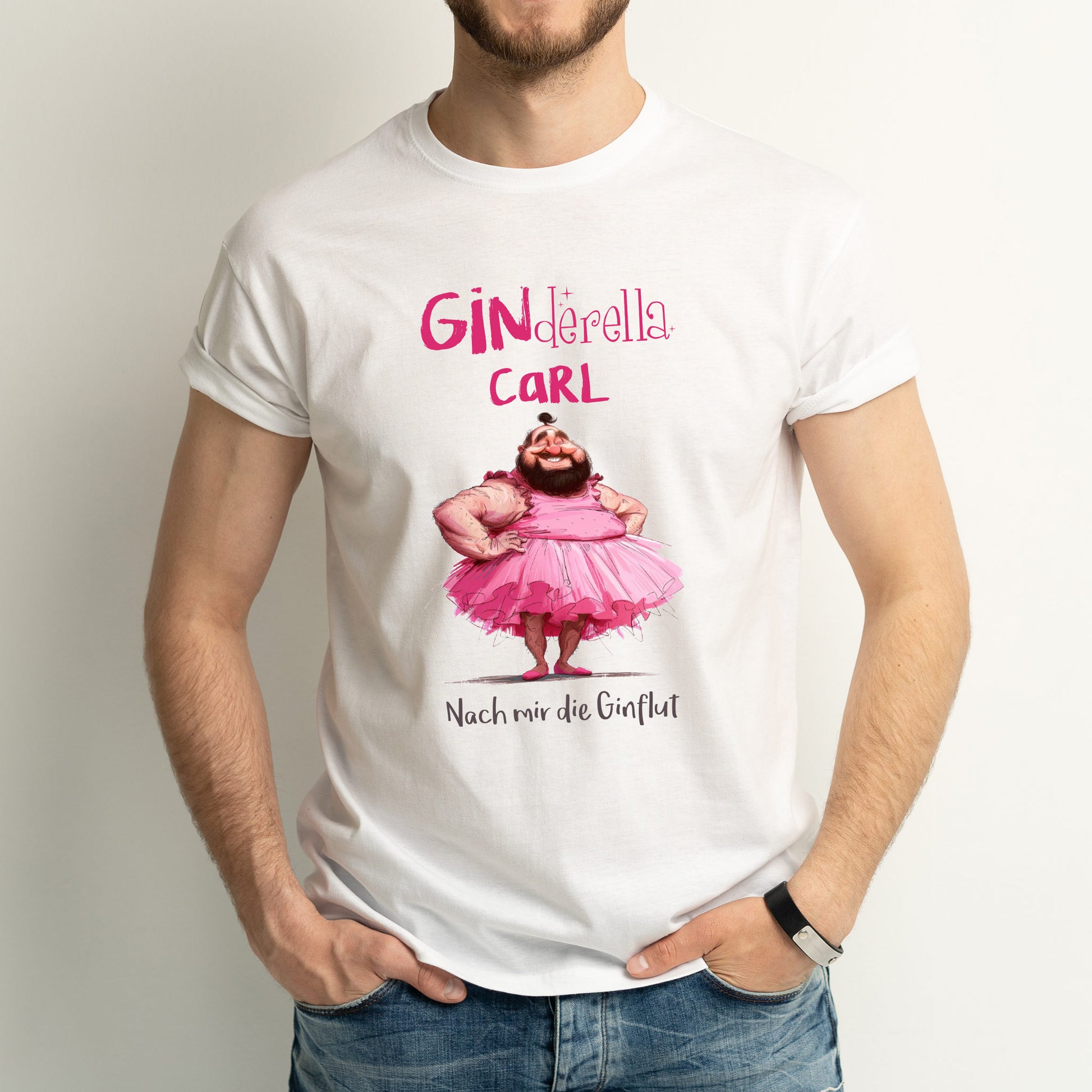 Mann trägt personalisiertes GINderella-Shirt – rosa Motiv, Wunschname und Gin-Spruch darunter