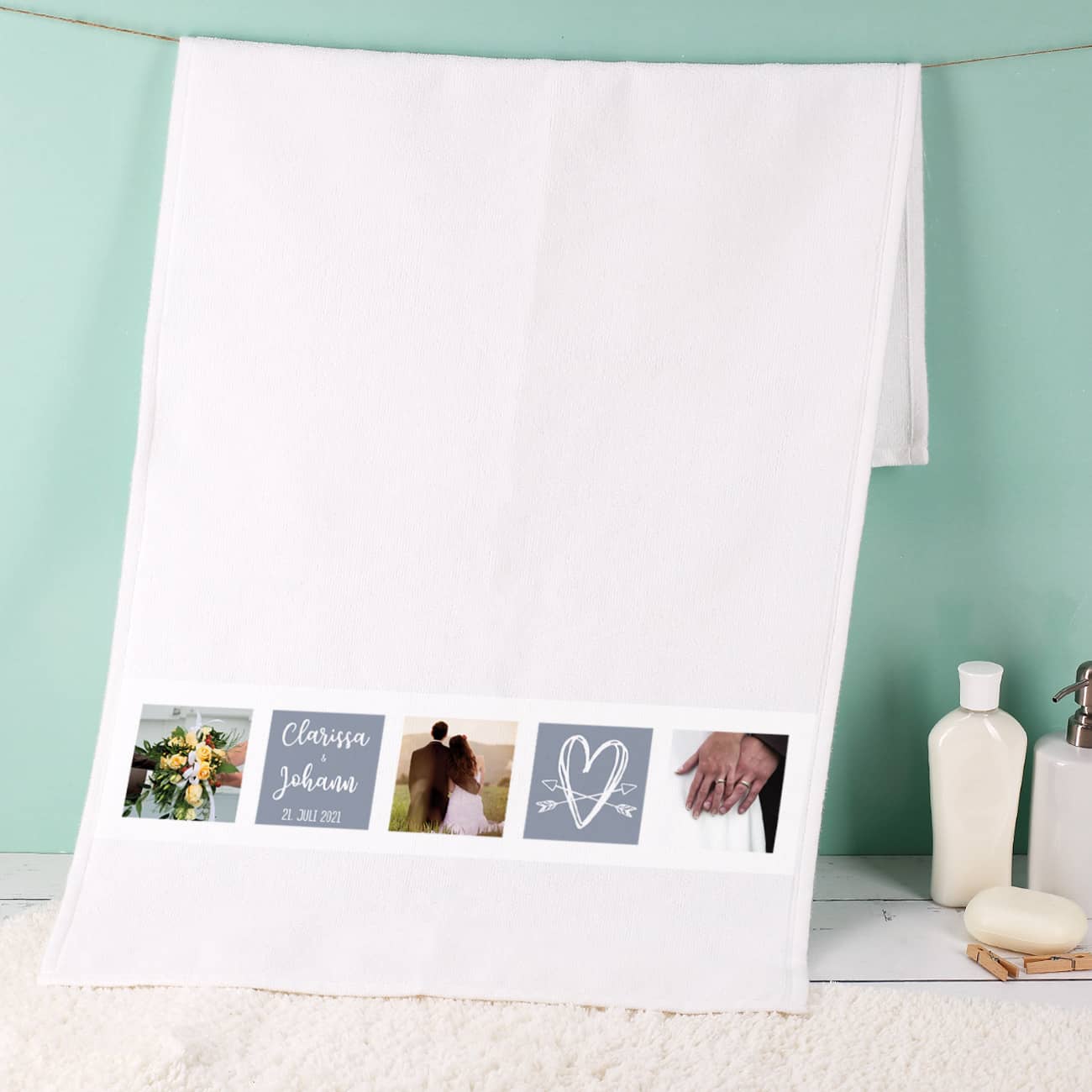 Handtuch mit drei Fotos, Herz, Namen und Wunschtext
