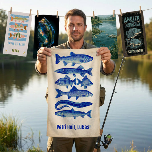 Mann am See hält personalisiertes Angler-Handtuch mit Fischmotiven und Wunschtext