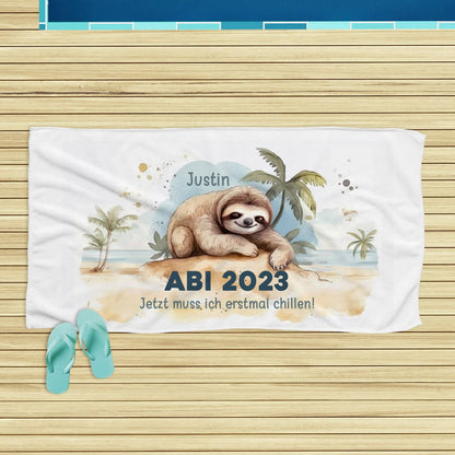 ABI / Schulabschluss - Strandtuch mit Faultier, Name und Wunschtext, 180x100cm