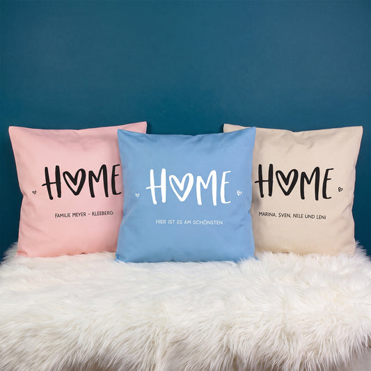 Personalisiertes HOME Kissen in Rosa, Blau und Natur mit Wunschtext als Geschenk zum Einzug