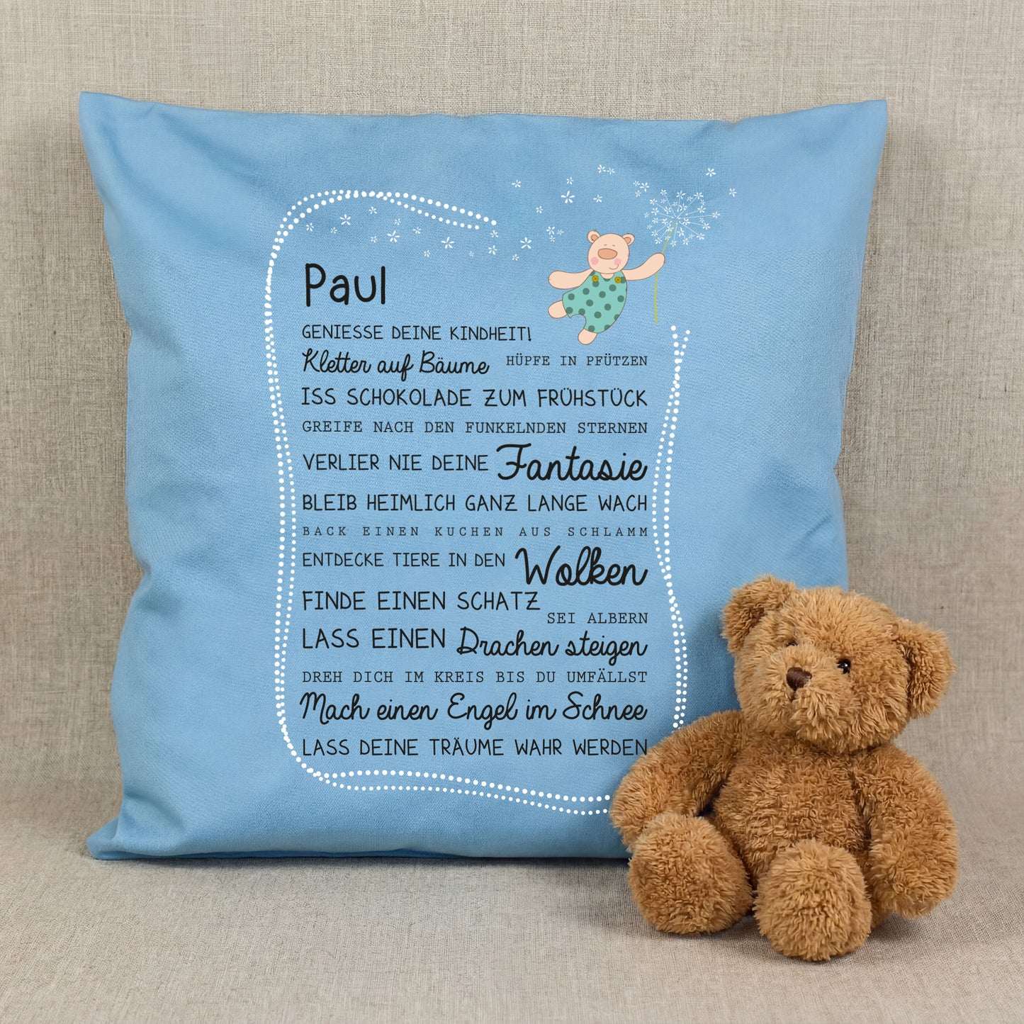 Personalisiertes Jungen Kissen in Blau mit Name Paul, Bär und Kindheit Spruch