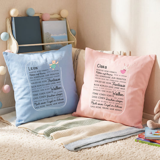 Rosa und blaues personalisiertes Kinderkissen mit Name, Hase und Bär für Mädchen und Jungen