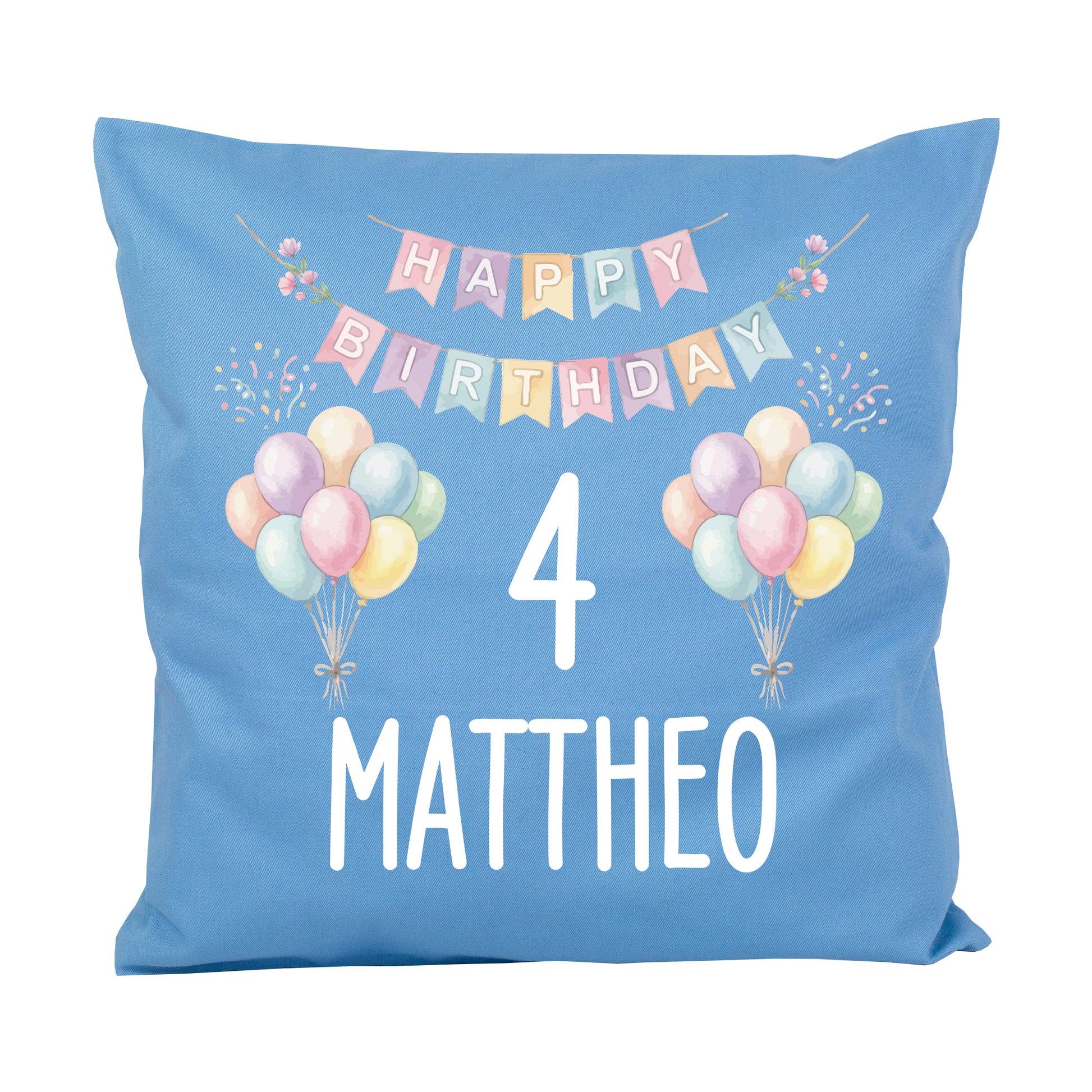 Blaues personalisiertes Geburtstagskissen freigestellt mit Ballons, Zahl 4 und Name Mattheo