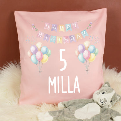 Rosa personalisiertes Geburtstagskissen mit Ballons, Zahl 5 und Name Milla
