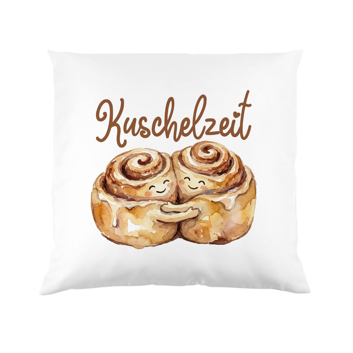 Weißes Kissen mit Zimtschnecken Pärchen und Wunschtext Kuschelzeit auf weißem Hintergrund