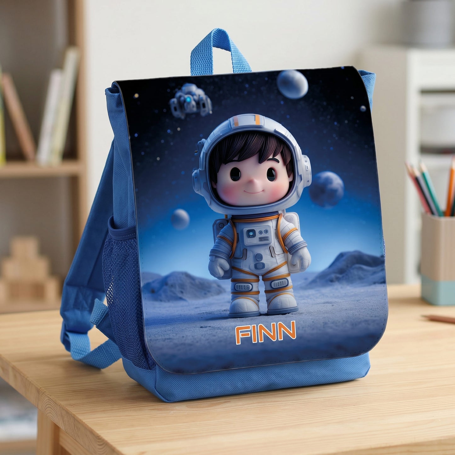 Personalisierter blauer Kindergartenrucksack mit Astronaut im Weltall und Name Finn