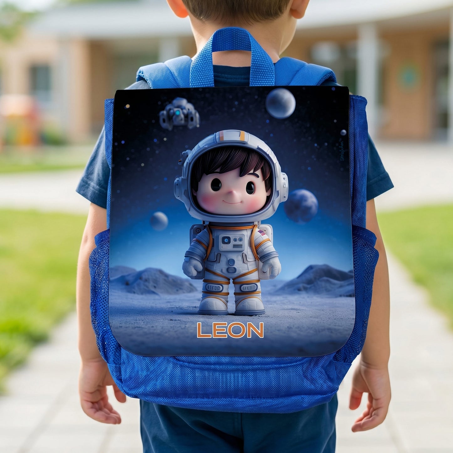 Personalisierter Kindergartenrucksack mit Astronaut-Motiv und Name Leon auf dem Rücken eines Kindes