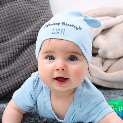 Hellblaue Babymütze - Kleiner Bruder | Personalisiertes Geschenk für Babys zur Geburt