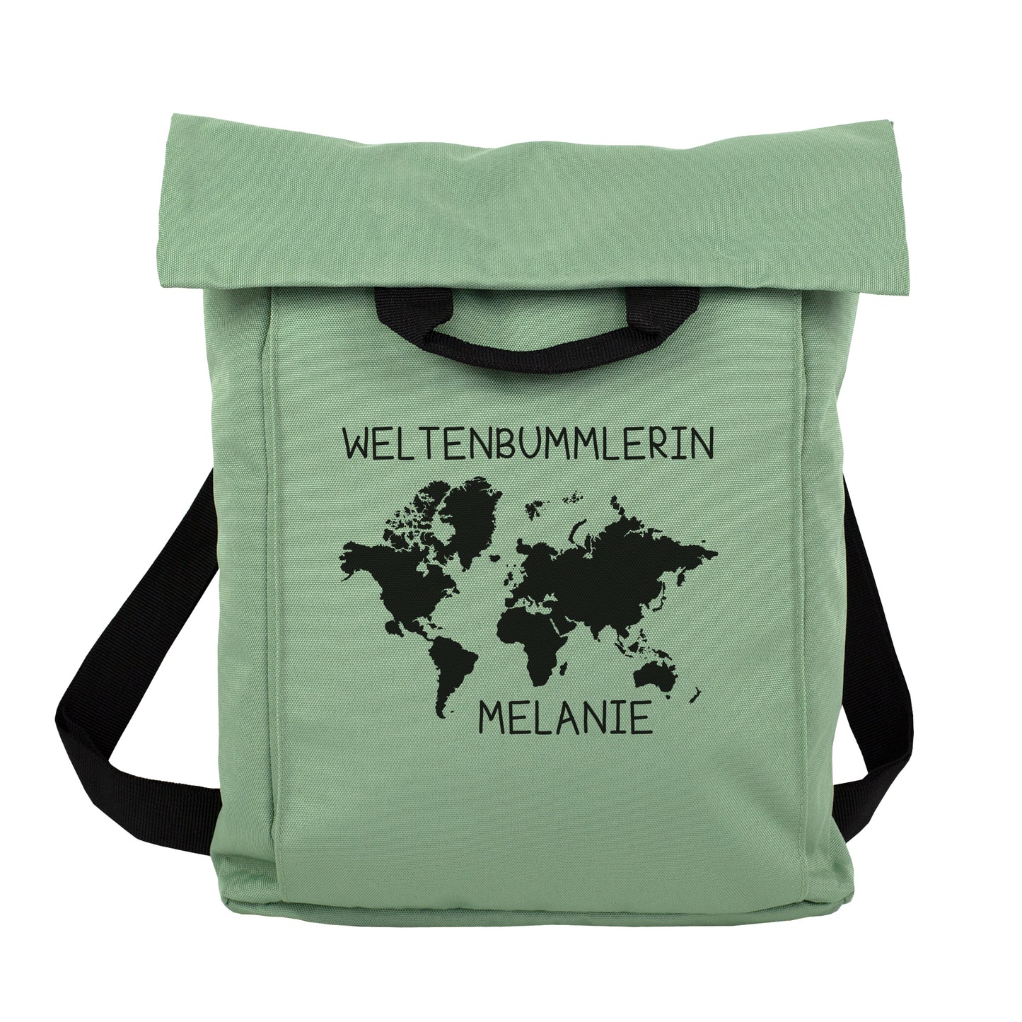 Mintgrüner 2-in-1 Rucksack mit Weltkarten-Motiv, Wunschtext „Weltenbummlerin“ und Name „Melanie“ freigestellt auf hellem Hintergrund