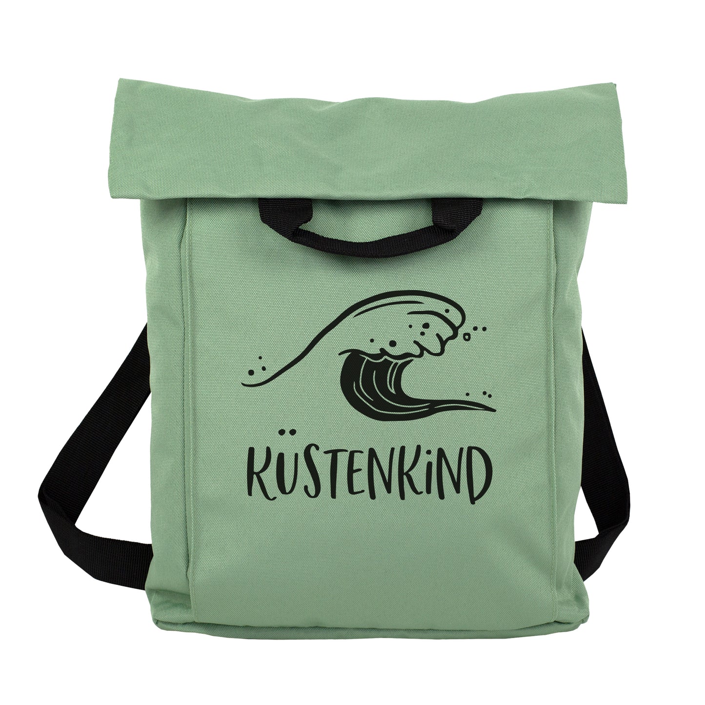 Jadegrüner 2-in-1 Rucksack mit Wellenmotiv und Wunschtext Küstenkind vor weißem Hintergrund
