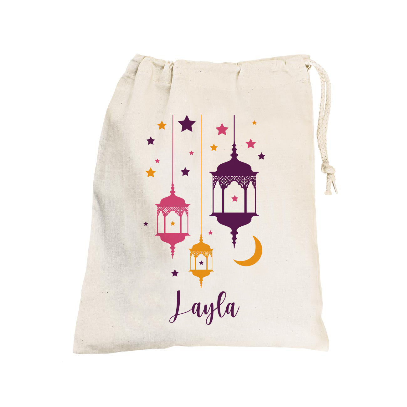 Kleiner Eid Geschenksack mit Laternen und Text, Farbe lila, 25x32 cm